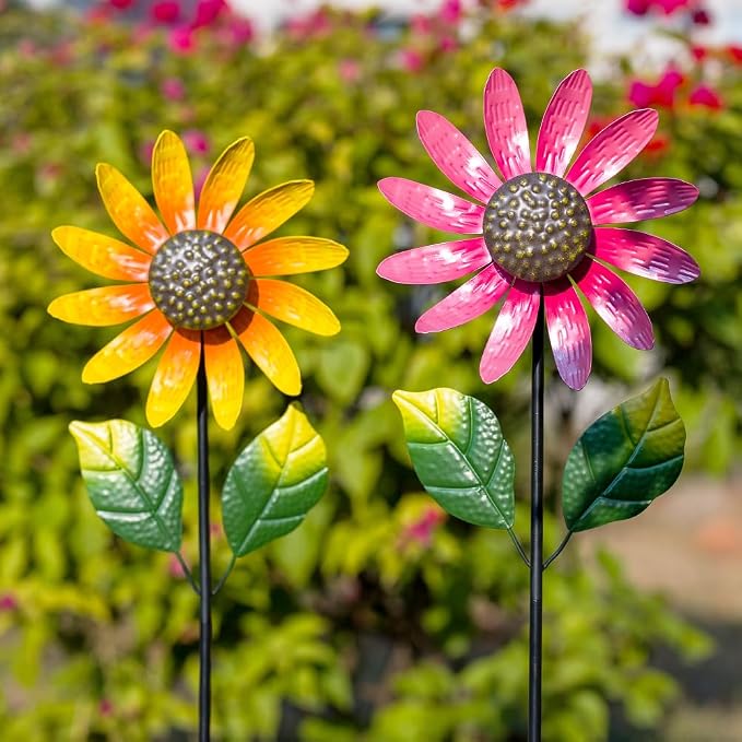 Viveta 2 Pack Sunflower Wind Spinners, Metal Wind Sculptures & Pinwheels for Garden, Kinetic Windmill for Yard Lawn Patio Decor