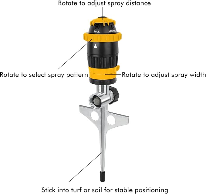 [2 Pack] RESTMO Gear Drive Sprinkler with Metal Spike Base, 5-Pattern Heavy Duty Gardening Watering System, Multi-Adjustable Lawn Sprinkle for Garden Plant, Flower Bed and Large Yard Area, Yellow