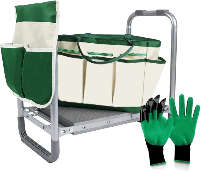 BDL Garden Cart Outdoor Rolling Garden Workseat with Wheels, Heavy Duty Garden Tool Cart with Extendable Handle and Storage for Seniors Yard Gardening Work