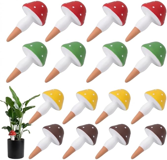 Plant Watering Globes, 16 Pack Self-Watering Terracotta Spikes - Mushroom Shape Irrigation Devices for Indoor & Outdoor Plants, Slow Release Watering System