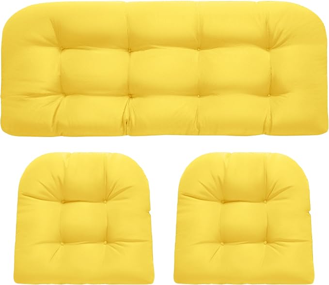 DANGHOOGY Wicker Chair Cushions, Waterproof Outdoor Loveseat Cushions for Patio Furniture, Tufted Wicker Furniture Cushions, 1 Loveseat and 2 U-Shaped Cushions, Yellow