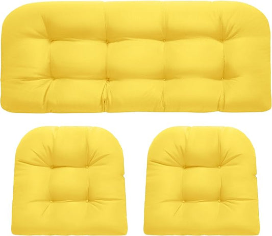 DANGHOOGY Wicker Chair Cushions, Waterproof Outdoor Loveseat Cushions for Patio Furniture, Tufted Wicker Furniture Cushions, 1 Loveseat and 2 U-Shaped Cushions, Yellow