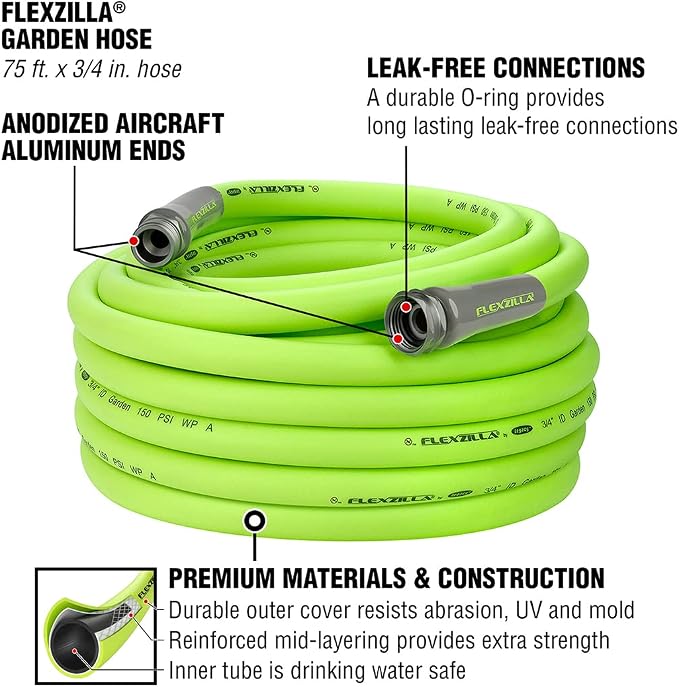 Flexzilla Garden Hose 3/4 in. x 75 ft., Lightweight All-Weather Water Hose, Durable and Flexible, Leak-Free Connections
