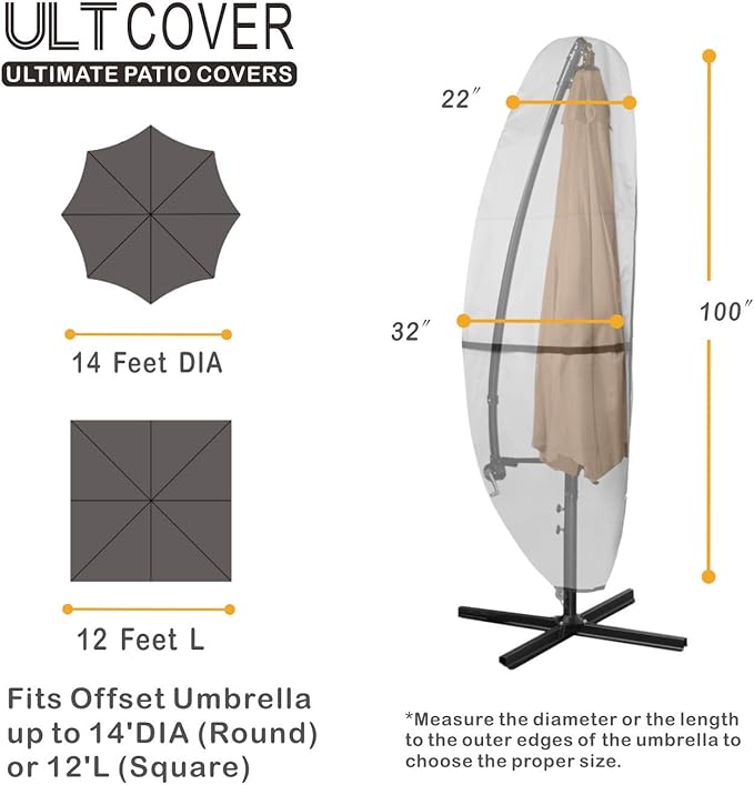 ULTCOVER Patio Parasol 600D Waterproof Outdoor Offset Banana Style Umbrella Cover - Fits Cantilever Offset Umbrella 12-14 Feet, Black