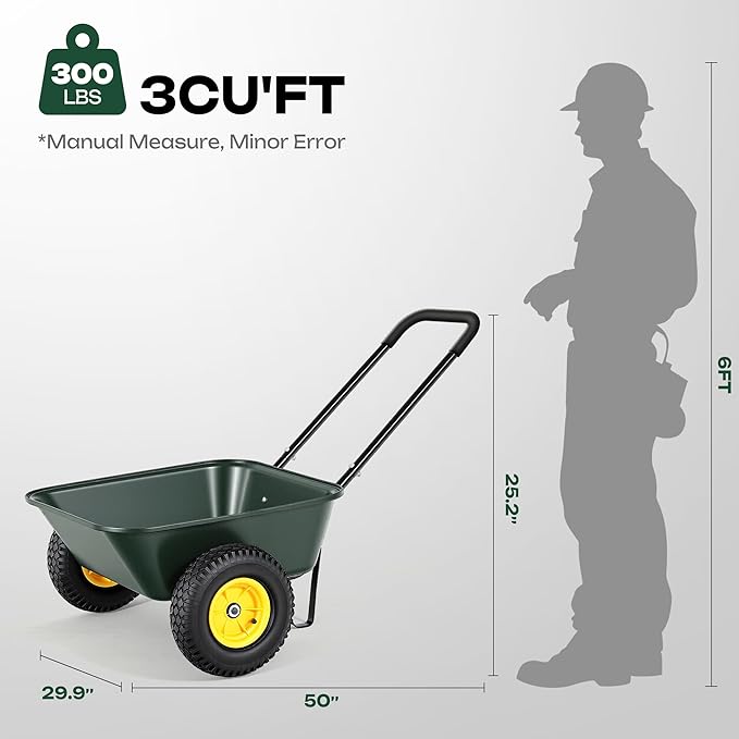 2 Wheel Wheelbarrows, Dual-Wheel Garden Dump Cart with 10" Non-Slip Pneumatic Tires & Ergonomic Padded Handle, Heavy-Duty Utility Yard Cart Wagon with 3 Cu Ft Capacity for Lawn, Gardening,Farm