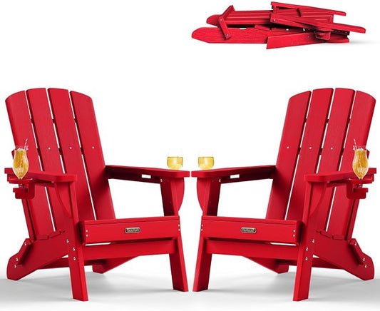 Folding Adirondack Chair Set of 2, HDPE Adirondack Chairs with 2 Cup Holder, Plastic All-Weather Fire Pit Chairs, Outdoor Lawn Chair for Patio Garden (Red)