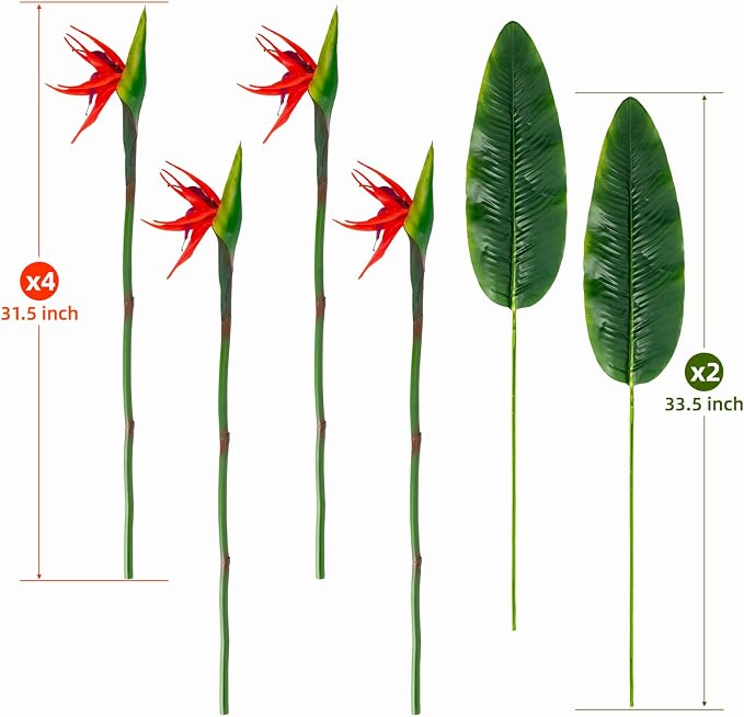 Artificial Bird of Paradise Flowers Real Touch 31.5'in Long Stem Flower 4 Pcs, with Bird of Paradise Leaves 33.5'in Long Stem Greenery Plants 2 Pcs,for Home Garden Wedding Party Decor (Red 6 Stems)