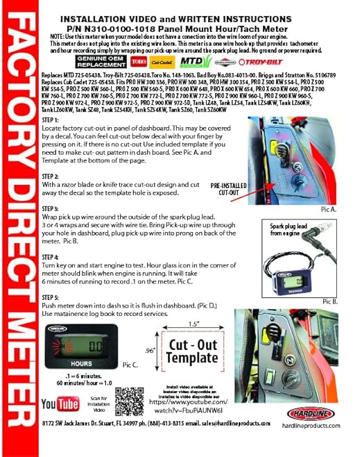 Hardline Products USA Digital Hour Meter & Tachometer – OEM Replacement for Toro - MTD - Cub Cadet - Bad Boy - Troy Built - Briggs and Stratton– Waterproof Inductive Maintenance Gauge – N310