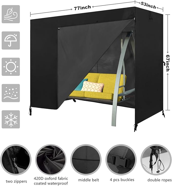 Outdoor Swing Cover 3 Triple Seater Garden Swing Cover Garden Hammock Glider Chair Cover Patio Furniture Cover UV Resistant Swing Cover All Weather Protection(77x53x67inch) Black