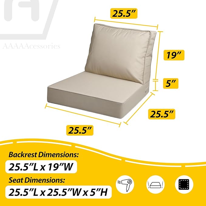 AAAAAcessories Outdoor Deep Seat Cushions with Double Welted Pillow, Waterproof, Fade-Resistant Patio Furniture Replacement Cushions, 25.5" x 25.5" x 5" + 25.5" x 19", Beige