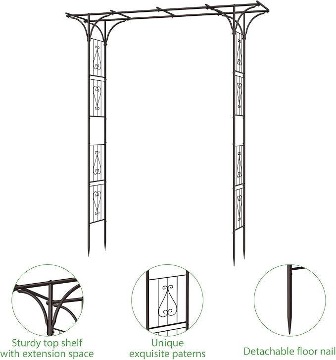 OUSHENG 87in Garden Arbor, Metal Arch Trellis for Climbing Plants Outdoor, Steel Archway for Wedding Ceremony Party Christmas Decoration Decor Pergola Backyard Lawn, Brown