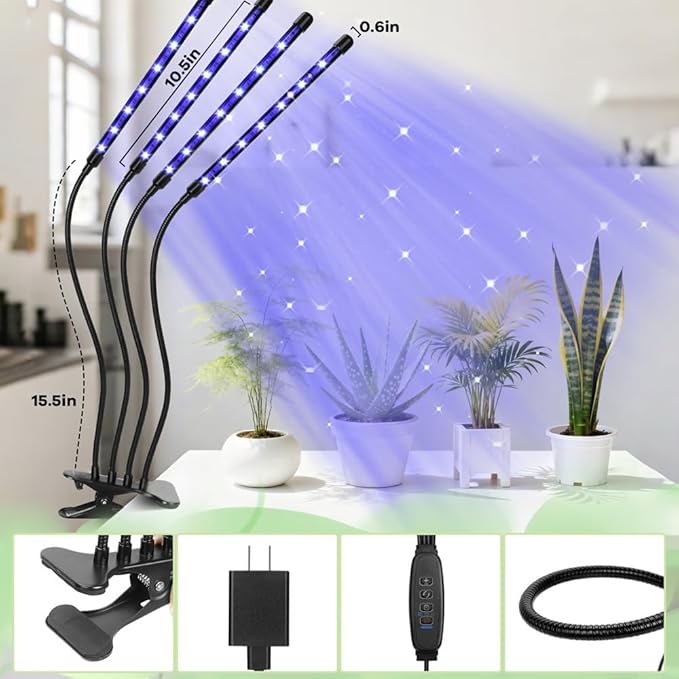 Led Grow Lights, 4 Heads Red Blue Plant Light with Clamp for Indoor Plants & Seed Starting, 10-Level Dimmable, Auto On Off, Timing 3 9 12Hrs