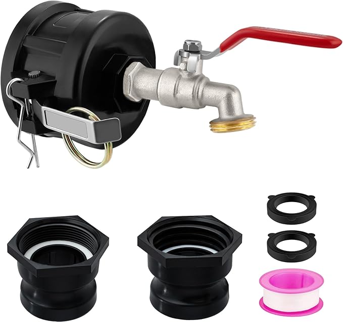 IBC Tote Adapter, 2" Cam Lock for 275-330 Gallon IBC Tote Tank with 2packs Groove Fittings, IBC Tote to Garden Hose Adapter with Nickel Plated Brass Hose Faucet (1/2" Male NPT Inlet ×3/4" Male GHT)