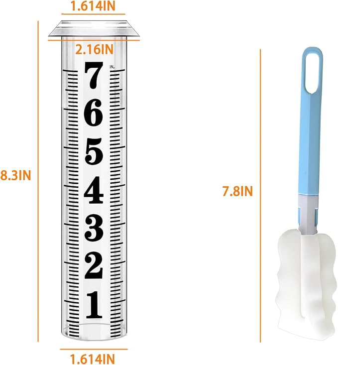 Rain Gauge Replacement Tube, Accurate Rain Gauges Outdoors Best Rated, 7" Capacity Plastic Rain Gauge Tube Replacement for Yard & Garden, Water Gauge for Rain, 2 Rainfall Meter Tube with 1 Clean Brush