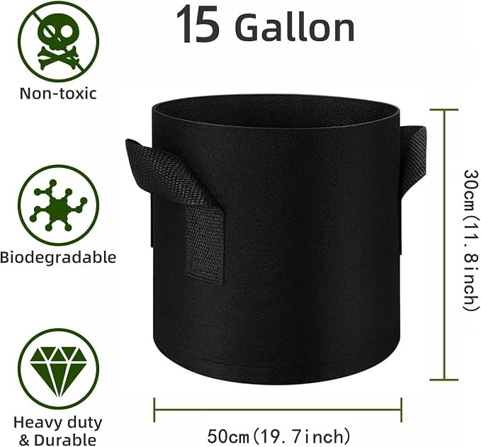 24 Pack Plant Grow Bags, Thickened Nonwoven Fabric Pots with Handles, Vegetable Planter Bags Containers, Cloth Planters for Garden Vegetable/Flower/Plant/Fruits Outdoor (Black) (Black, 15 Gallon)