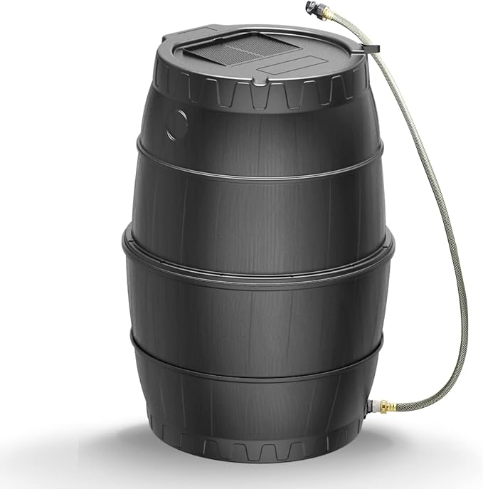 45 Gallon Rain Barrel for Gutter Rainwater Collection, BPA-Free Water Catcher with Mesh Screen, Lid, Spigot and Hose, Outdoor Water Storage for Garden Watering and Lawn Care