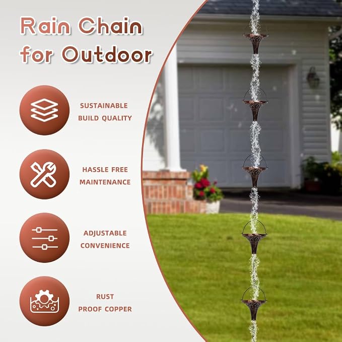 9.7ft Rain Chain with 10-Cup for Outside Gutters,Eaves, Drainage | Metal Rain Chain, Decorative Replacement Downspout, Adjustable Length, Brown