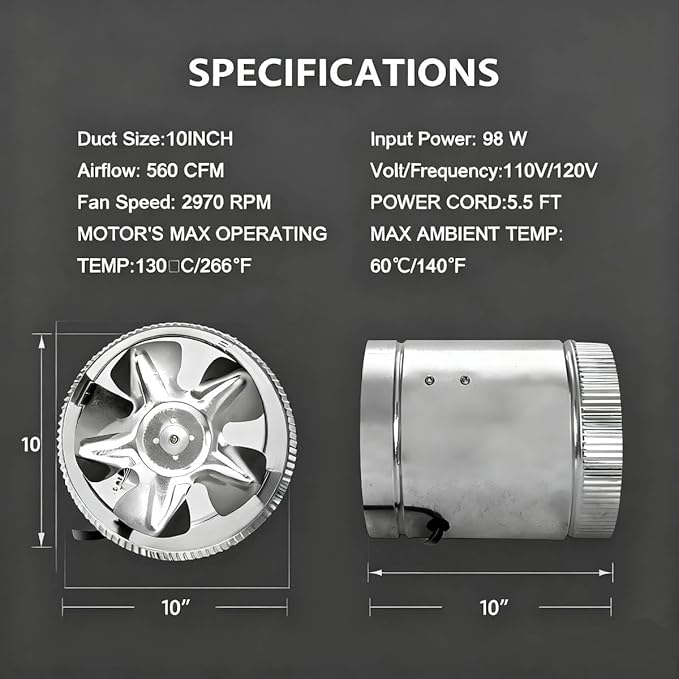 SunStream 10 Inch 1170 CFM Inline Booster Duct Fan Ventilation HVAC Exhaust Fan with Low Noise for Basements, Bathrooms, Kitchens and Workshops