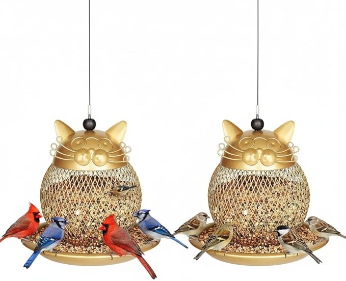 CEDAR ALPHA Cat Grandpa Wild Bird Feeder Squirrel Proof Hanging Bird Feeder for Outside, Peanut and All Kinds of Seeds,Yard Garden Decor,Set of 2, Color: Gold