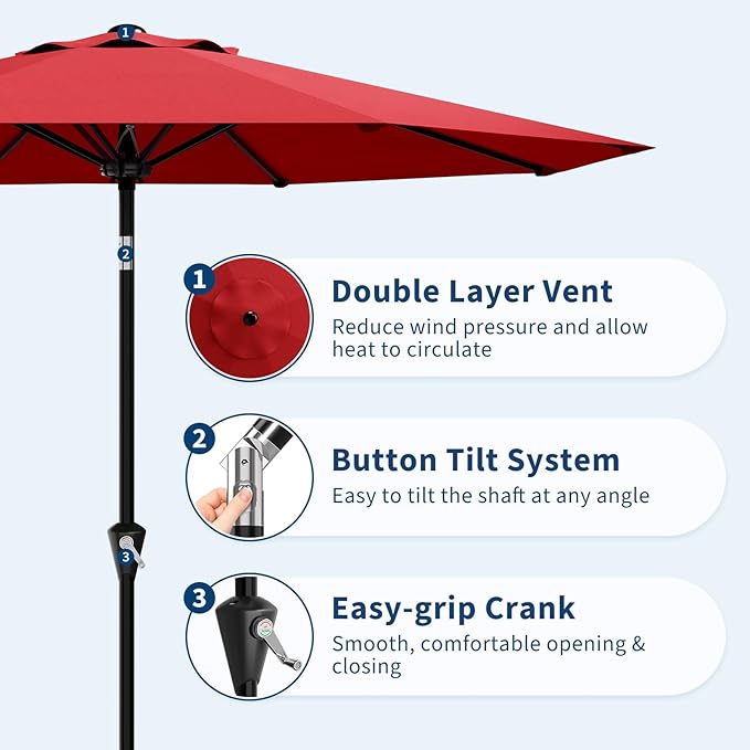 GarveeLife 9FT Umbrella Outdoor Patio, Table Umbrella with Push Button Tilt and Crank, 8 Sturdy Ribs Waterproof UV Protection for Garden, Pool, Deck, Backyard, Market (Red)