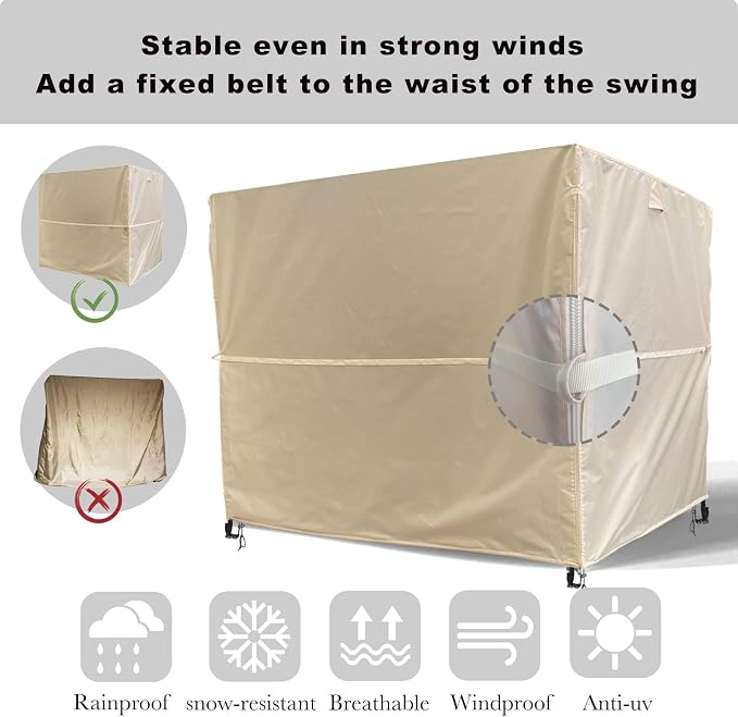 Outdoor Swing Cover 3 Triple Seater Hammock Cover Garden Swing Cover Garden Hammock Glider Chair Cover Patio Furniture Cover UV Resistant Swing Canopy Cover All Weather Protection(82*49*67inch)Beige