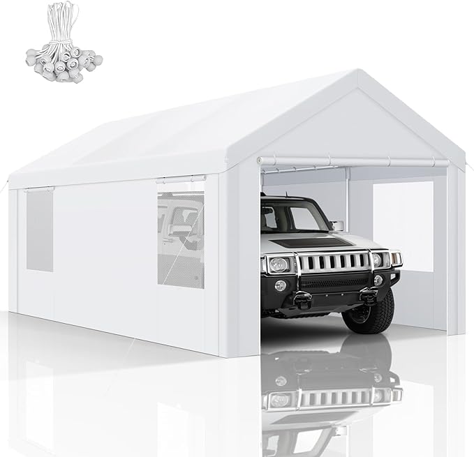 COBIZI 10x20 FT Heavy Duty Carport with Galvanized Frame, Carport Canopy with Roll-up Windows, Storage Tent with Removable Sidewalls & Doors, Built-in Sandbags for Car Boat Truck, White