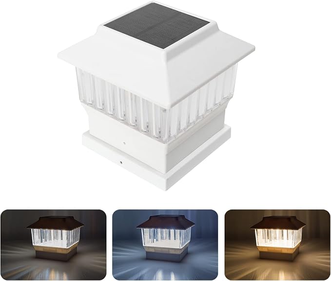 Single Solar Post Cap Light - Modern #2: Fits True 4x4 Vinyl & 5x5 Wood Posts, 3 Color Temp, 50 Lumen, Waterproof Outdoor Lights for Deck Fence, Elegant White