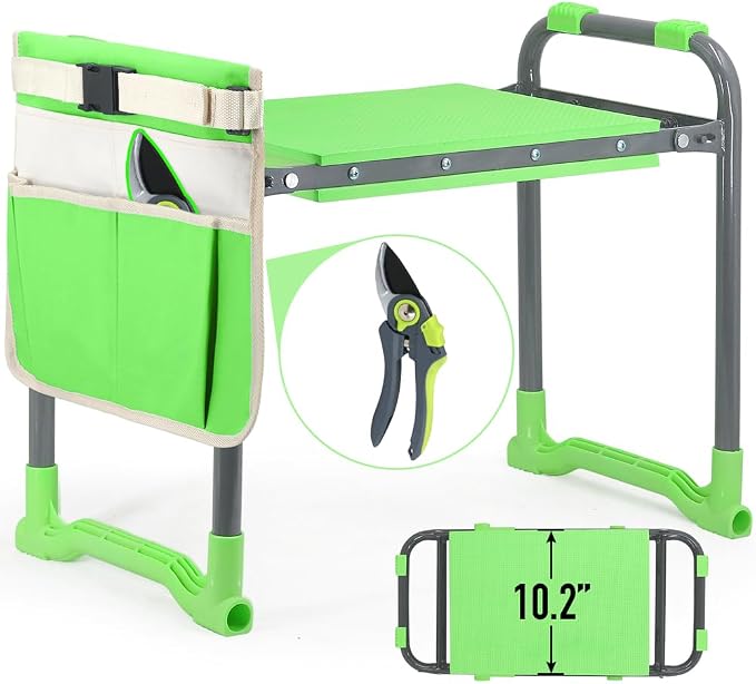 Altdorff Garden Kneeler and Seat Heavy Duty with 10.2” Wider Soft Pad, Portable Folding Stool for Gardening with Extra Hand Pruner, Sturdy Garden Kneeling Bench for Senior Help Stand, Green