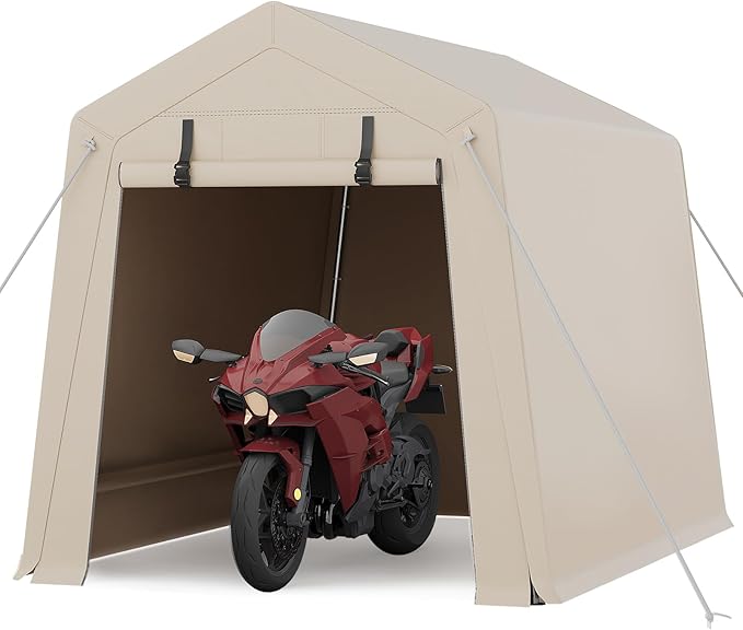 6 x 8 ft Bike Shed ATV Storage Tent Portable Storage Shed Outdoor Carport Tarp Sheds with Roll-Up Door for Motorcycle, Car, Garden Tools Khaki