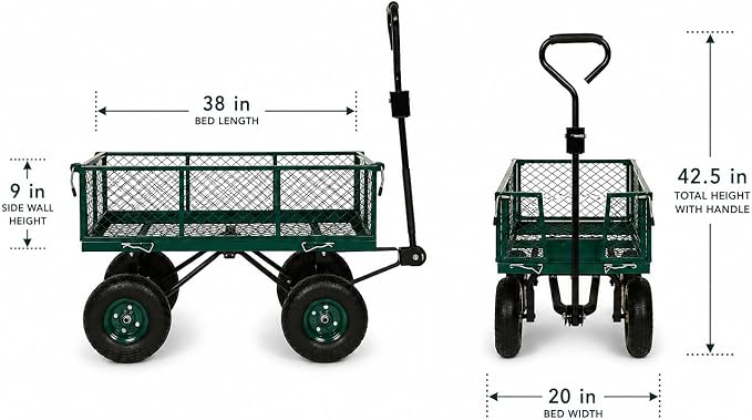 Backyard Expressions Heavy Duty Garden Cart 600 lb, 38" x 20" Steel Bed Utility Wagon with Removable Mesh Sides, Powder-Coated Frame, 10" Pneumatic Wheels, Pull Handle Yard/Lawn Hauler