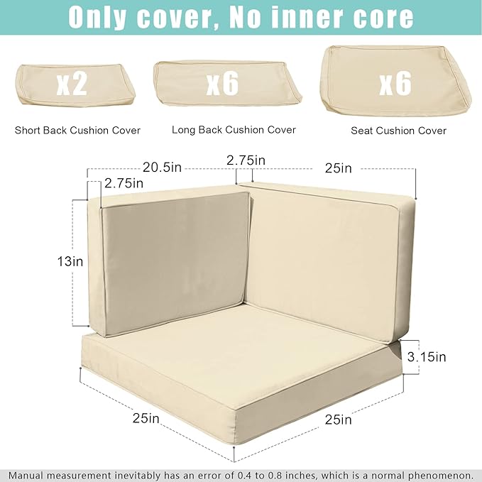 14Pieces Patio Cushion Covers Replacement Outdoor Couch Cushions Covers Splashproof Sofa Slipcovers Set with Zippers,Patio Furniture Protector Cover Only(Beige,25×25×3.15 inches)