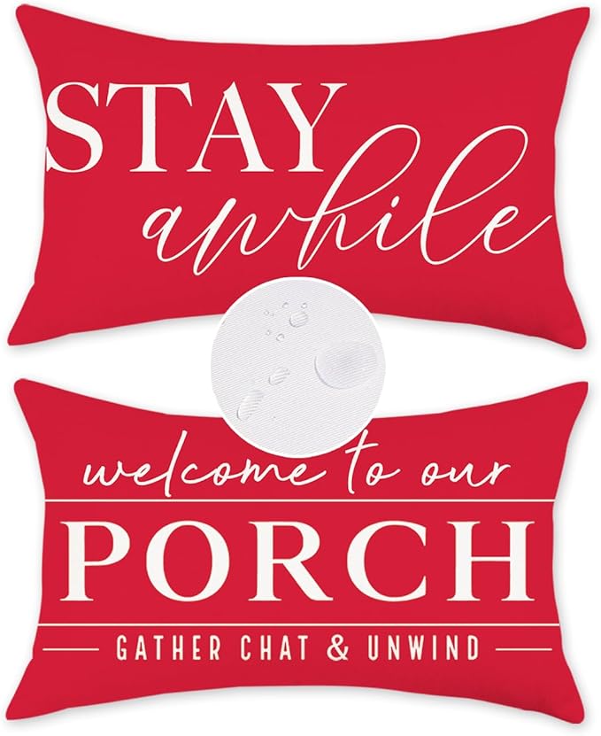 TAJWE Red Outdoor Pillow Covers Waterproof 12x20 Set of 2 Decorative Welcome to Our Porch Stay Awhile Cushion Cases for Patio Furniture Sofa Couch Decor