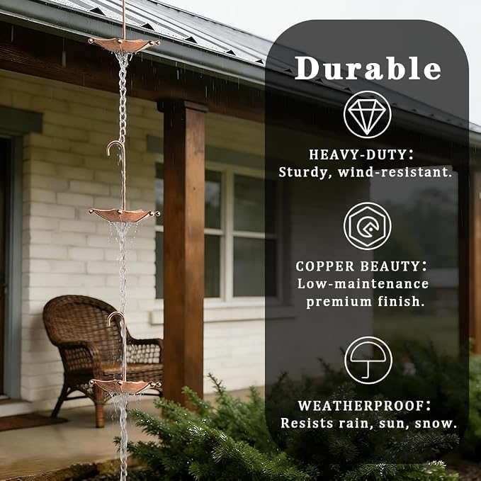 Apx Rain Chains for Gutters with Adapter, Anchor, Total 11 FT, 10 Umbrella Cups Rain Catcher Heavy Duty, Replacement for Gutter Downspout w/ Stake, Rainwater Diverter, Garden Decor for Outside Summer.