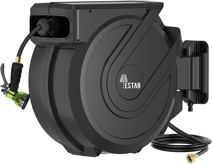 Retractable Garden Hose Reel 1/2 in x130 ft, Heavy Duty Wall Mounted Hose Reel with 7- Function Sprayer Nozzle, Any Length Lock/Automatic Slow Return System,180° Swivel Bracket