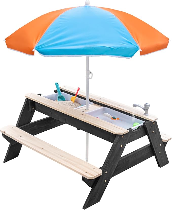 Kids 3-in-1 Sand & Water Table, Wood Outdoor Convertible Picnic Table w/Umbrella, 2 Trays, Removable Top with Faucet, Picnic Table for Outdoor Playset (Black/Orange)