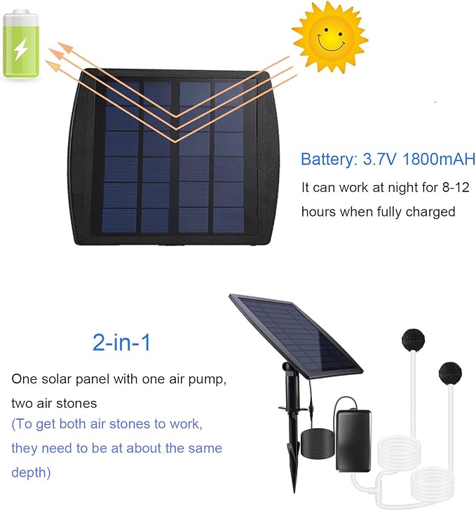 Lewisia Solar Air Pump Kit with Air Hoses and Bubble Stones 3 Working Modes Pond Aerator Bubble Oxygenator (2.5W)