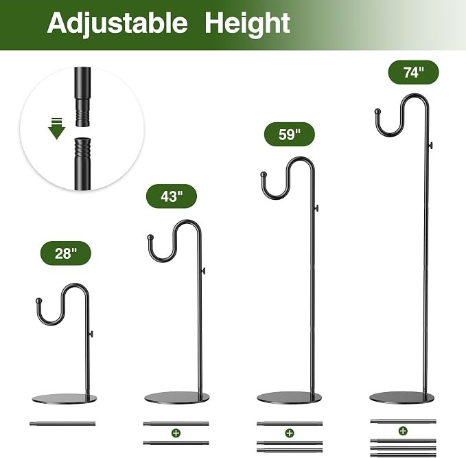 saffruff 74" Shepherds Hook Stand: Hanging Wind Chimes, Bird Feeders, Plants, Lanterns and Wreath, Adjustable Free Standing Pole Holder with Heavy Duty Base for Indoor & Outdoor, Holds Up to 20 LBS