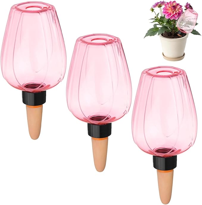 M METERXITY 3-Pack Plant Self Watering Globes, 5.1 oz Plastic Rose Water Bulbs Top Fill for Indoor/Outdoor Plants, Self Watering Spikes Slow Release Terracotta [Pink]