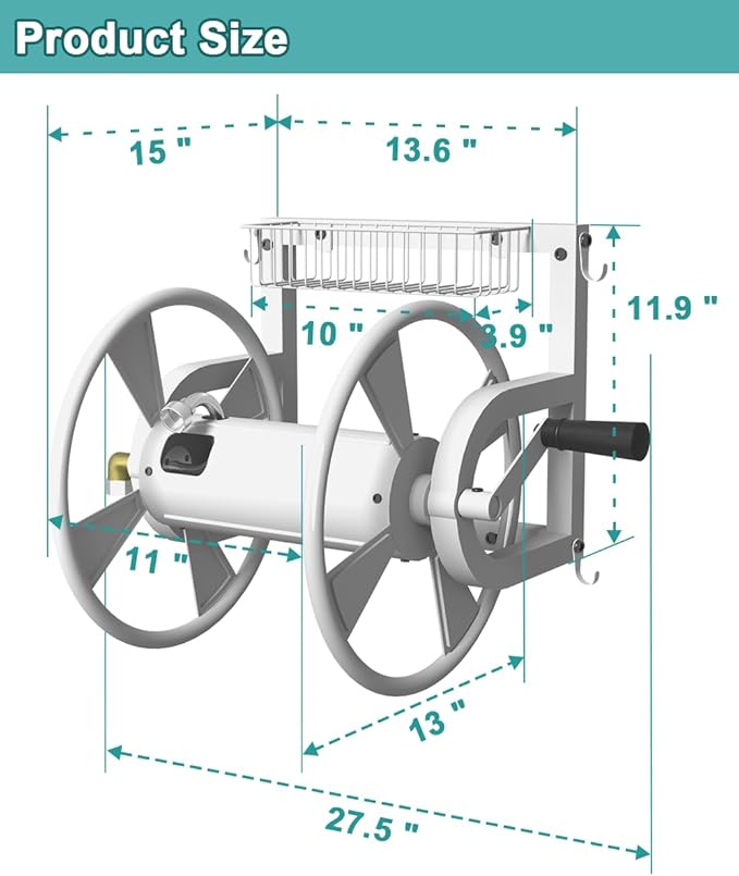 Artigarden Outdoor Wall Mounted Hose Reel with Hook, Garden Heavy-Duty Water Hose Holder Winder with 3.9 ft Leader Hose, Brass Fitting and Storage Basket for Yard, Holds 125 Ft of 5/8-Inch Hose, White