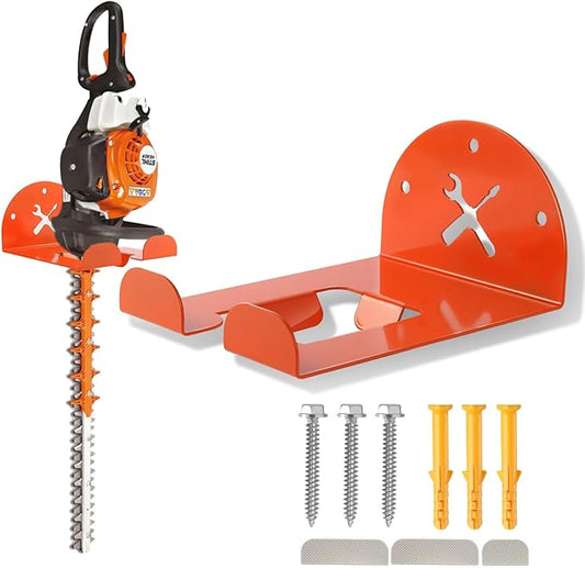 Upgraded Trimmer Rack Wall Mount - 8" Heavy Duty Weed Eater Hanger for Garage Wall, Garden Power Tool Holder Organizer Hooks for Grass Trimmer, Hedge Trimmer, Leaf Blower and Chainsaw, Orange, 1 Pack