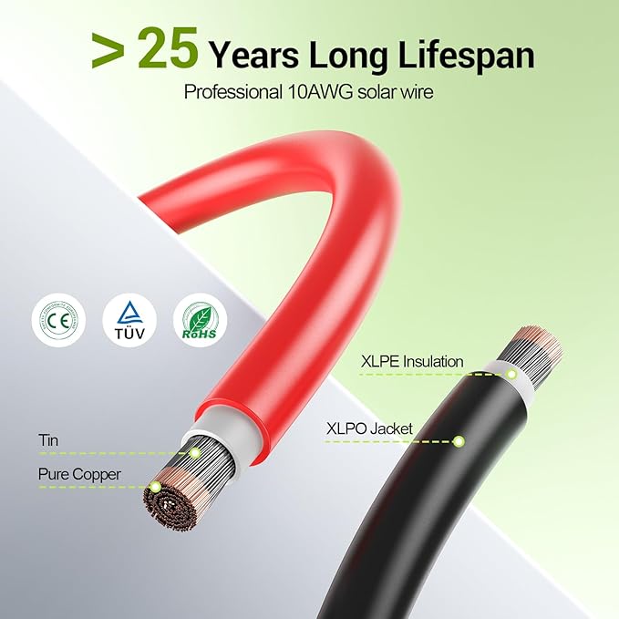 50Feet 10AWG Solar Extension Cable, 10 Gauge Solar Panel Cable with Female and Male Connectors for Outdoor RV, Off-Grid Photovoltaic Systems(Black+Red)