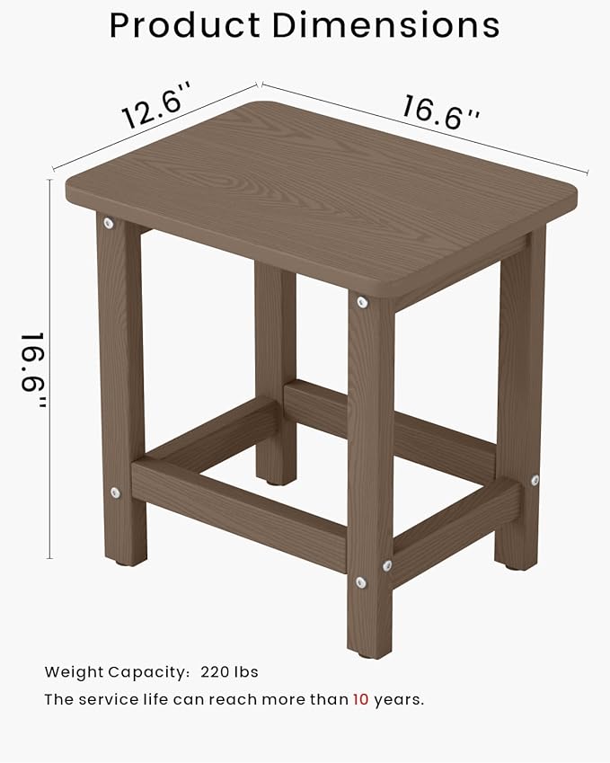 Weatherproof Outdoor Side Table, HDPE Small Outdoor Table for Adirondack, 16.6-Inch Patio Square End Tables for Garden, Backyard, Porch, Deck, Balcony, Poolside (Brown)