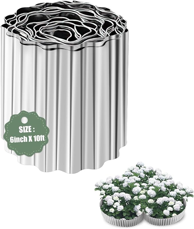 Corrugated Metal Garden Edging - 6 Inch X 10 FT Landscape Edging Border, Flexible Border for Garden Fence, Flower Bed, and Lawn (Silver)