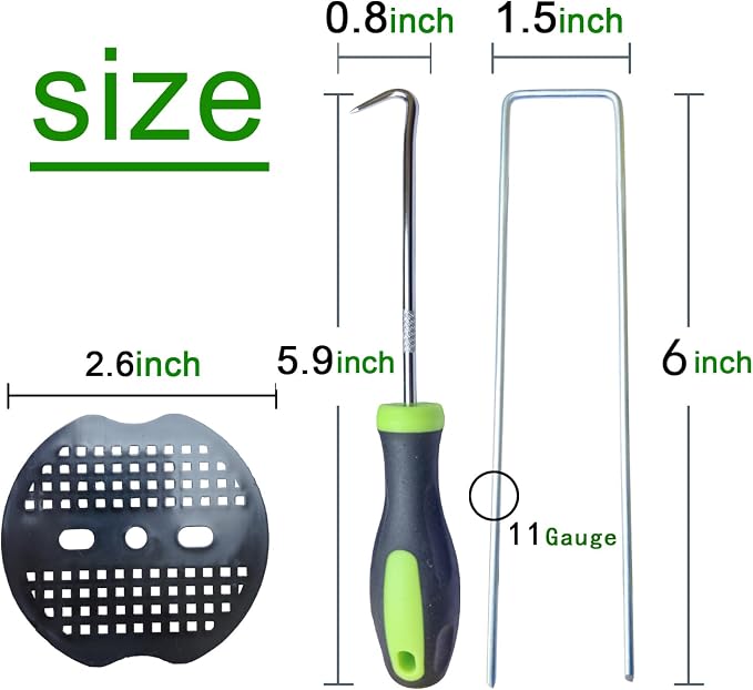 200Pcs Landscape Staples with 200 Gasket with 1Pick Hook, 6 Inch Heavy Duty Garden Stakes 11 Gauge U Shaped Galvanized Lawn Pins for Weed Barrier Fabric