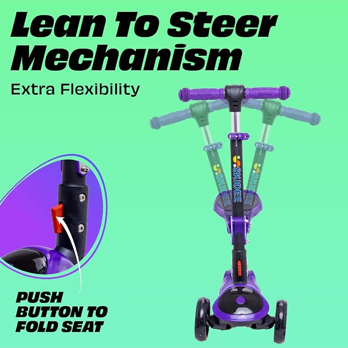 SKIDEE Kick Scooter for Kids Ages 3-5 | Foldable 3 Wheel Scooter with Lean-to-Steer, Adjustable Height, Removable Seat & LED Light Wheels | Toddler Scooter Up to 12 Year Old Boys/Girls