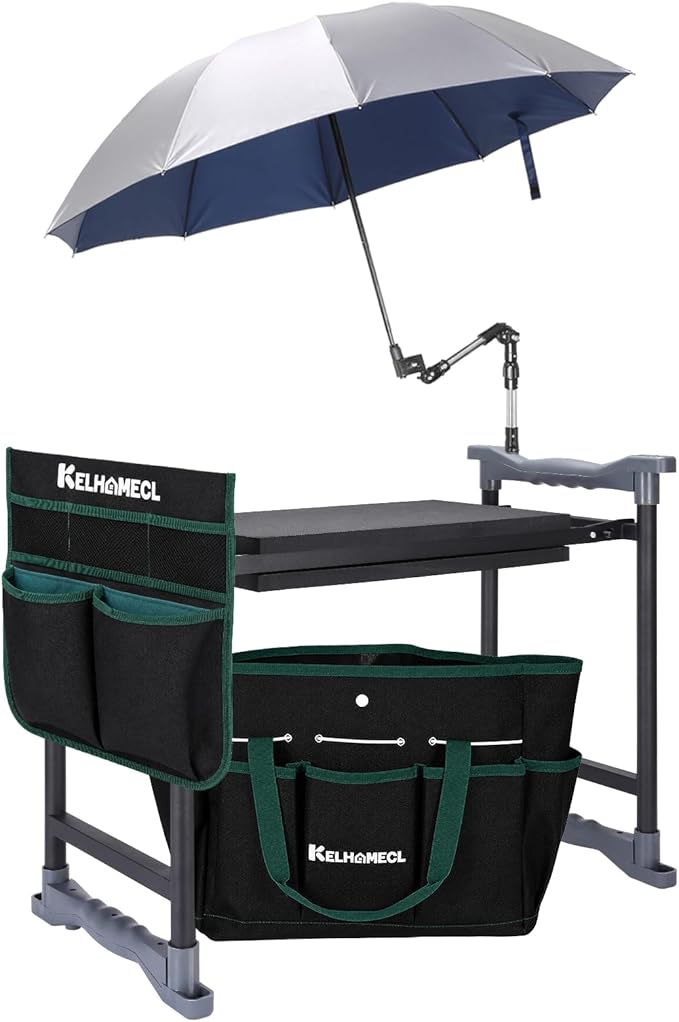 Garden Kneeler and Seat with Umbrella, 2-in-1 Foldable Gardening Stool with Adjustable Bracket, Detachable Tool Bags, Heavy Duty Kneeling Pad for Gardening (Beige Green)