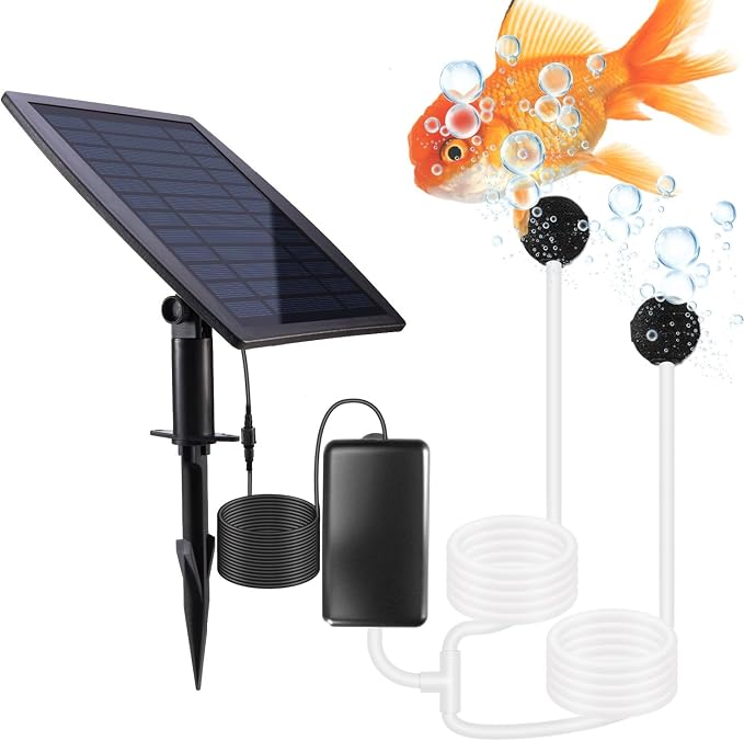 Lewisia Solar Air Pump Kit with Air Hoses and Bubble Stones 3 Working Modes Pond Aerator Bubble Oxygenator (2.5W)