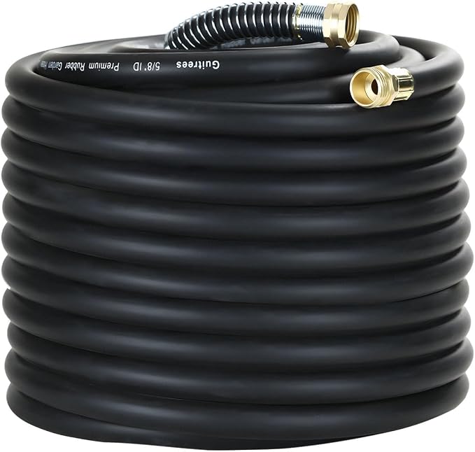 Guitrees 150FT 5/8 Heavy Duty Rubber Garden Hose - 300psi Working, 1000psi Burst - Hot/Cold Water - Five-Layered Braiding for Durability - Versatile for Gardening, Agriculture, Construction(Black)