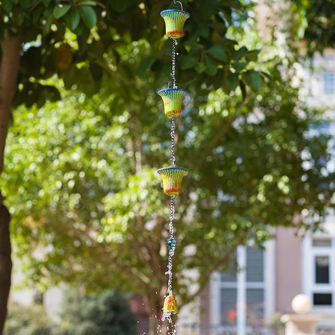 10ft Rain Chains for Outside Gutters, Eaves, Drainage | 12 Cups, Metal Rain Chain, Adjustable Length, Decorative Replacement Downspout