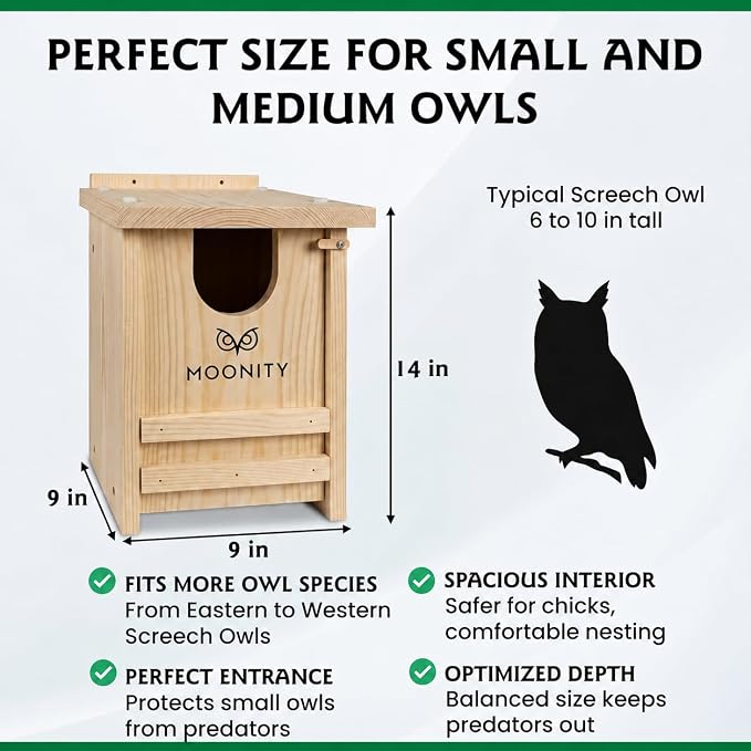 MOONITY Premium Cedar Owl House – 14" x 9" x 9" All-Season Nesting Box for Screech, Kestrel & More – Durable, Weatherproof & Easy to Install